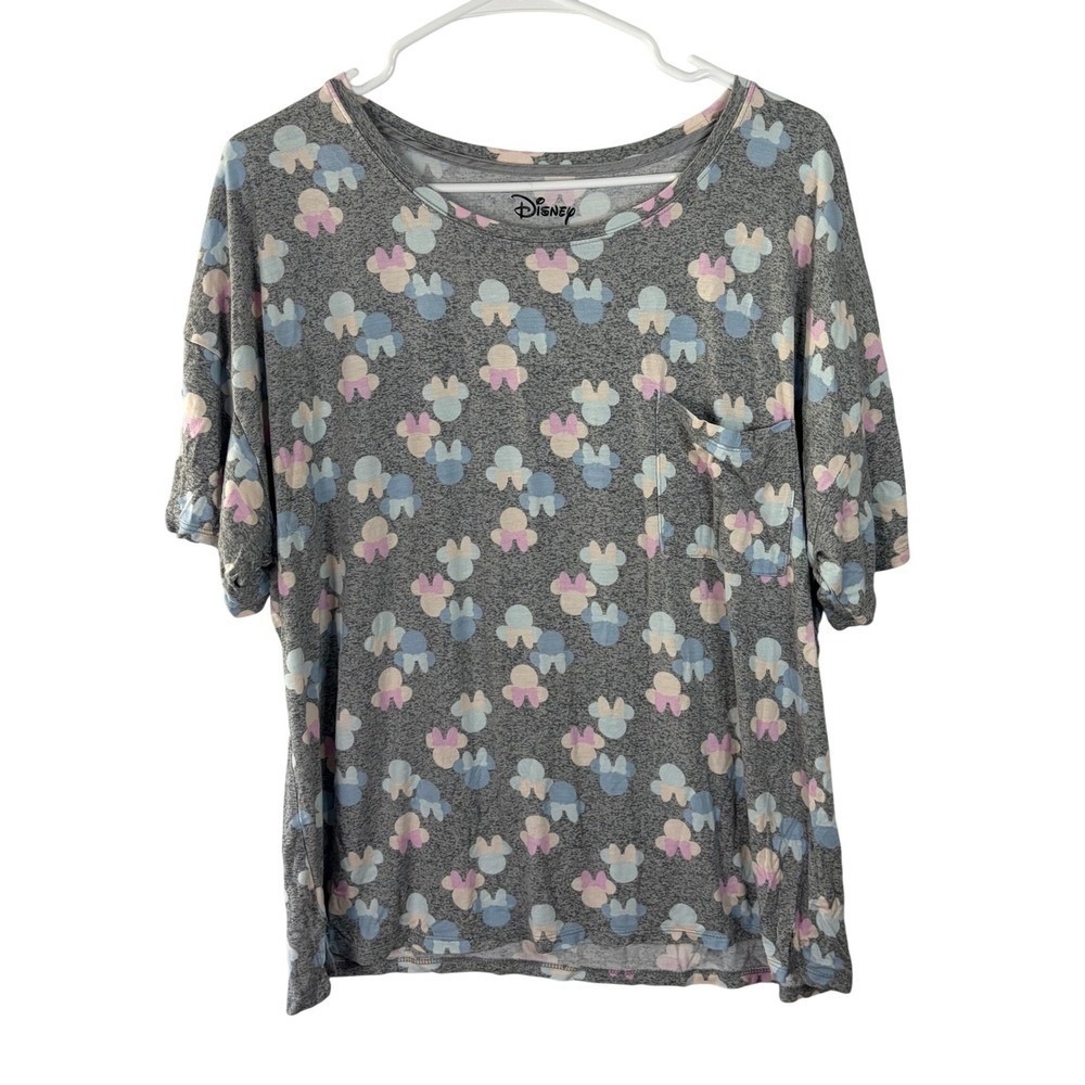 Disney Minnie Mouse Pastel Bow Pocket Tee Heather Gray Short Sleeve Shirt L